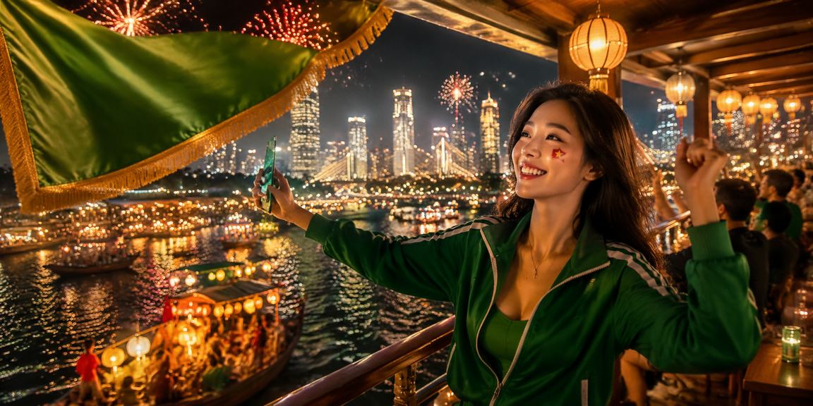 Người dùng tại chợ đêm Đà Nẵng kiểm tra ưu đãi VIP và tiền thưởng trên điện thoại