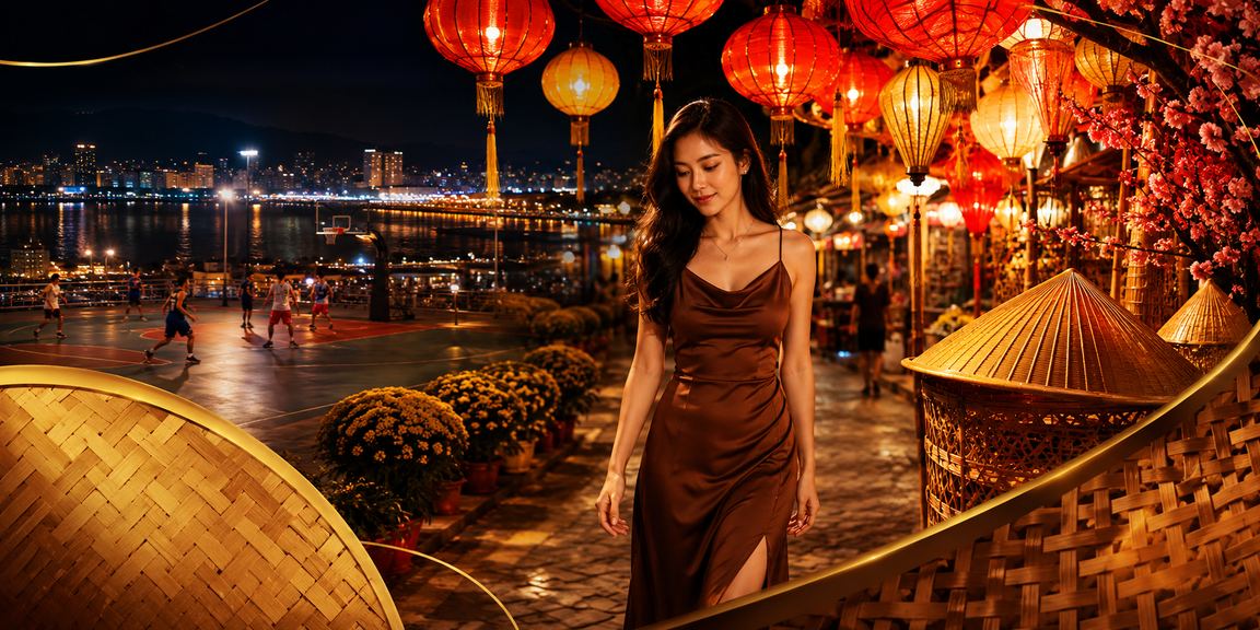 Người phụ nữ đội nón lá tại Quy Nhơn xem kèo bóng rổ trên điện thoại