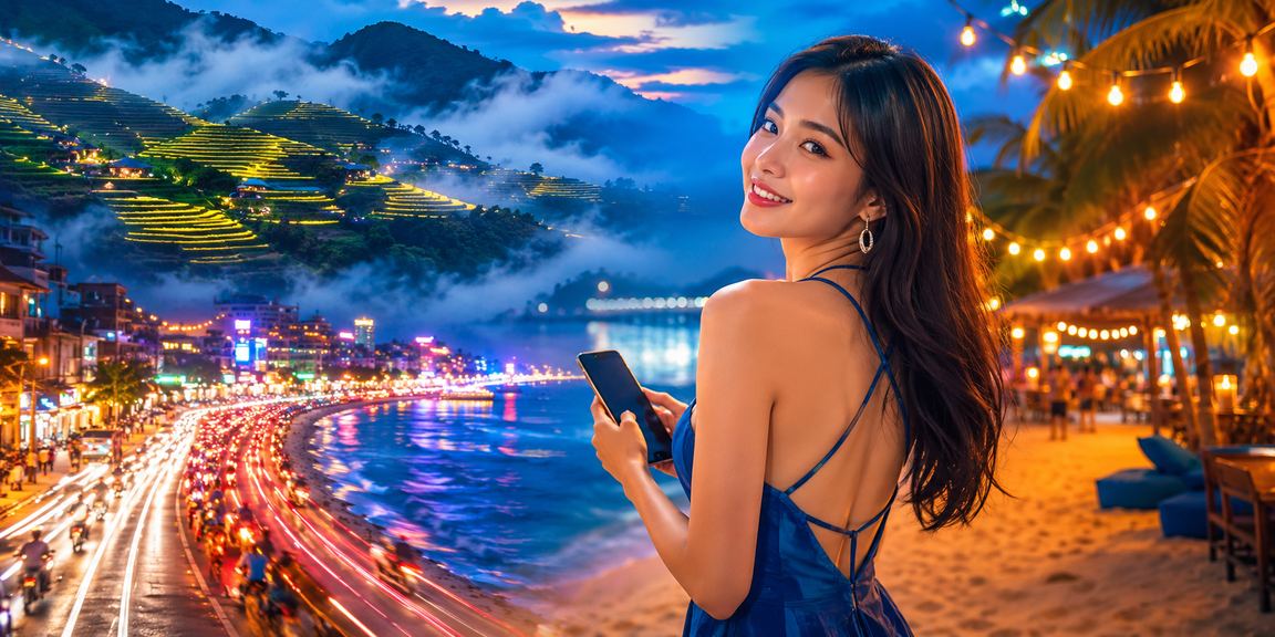 Người dùng tại Sapa chơi casino di động trong đêm với ánh đèn neon lung linh